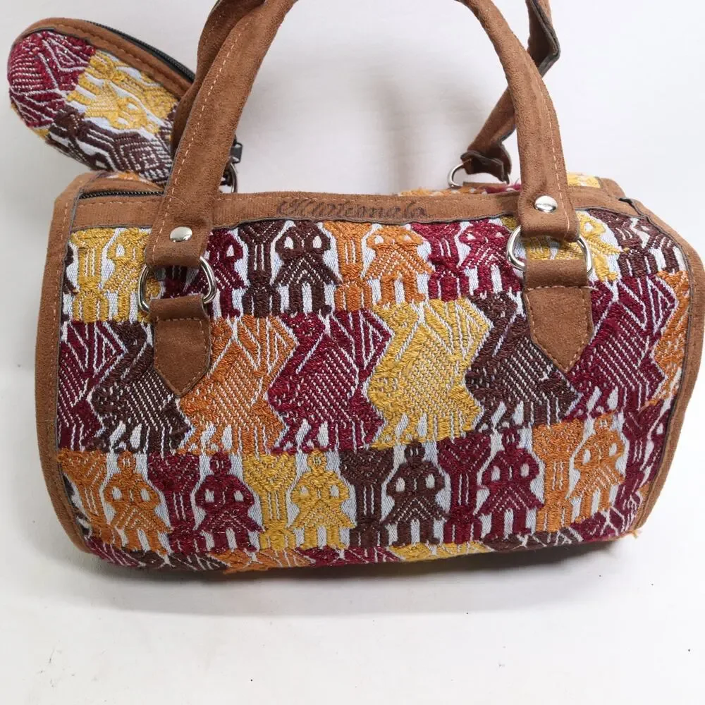 Vtg Guatemalan Duffle Handbag S Multicolor Embroidered w Pouch Purse Satchel Bag
